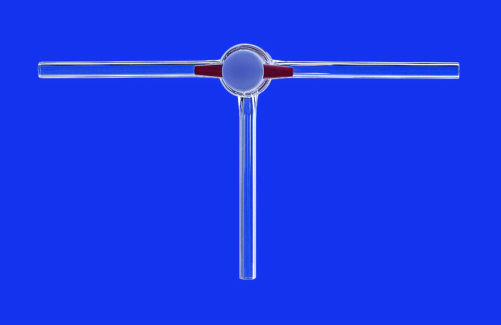 Dreiweg-Kegelhähne, T-Bohrung, Borosilikatglas 3.3 | Beschreibung: PTFE-Küken, Hahn NS: 14,5, Bohrung mm: 2.5