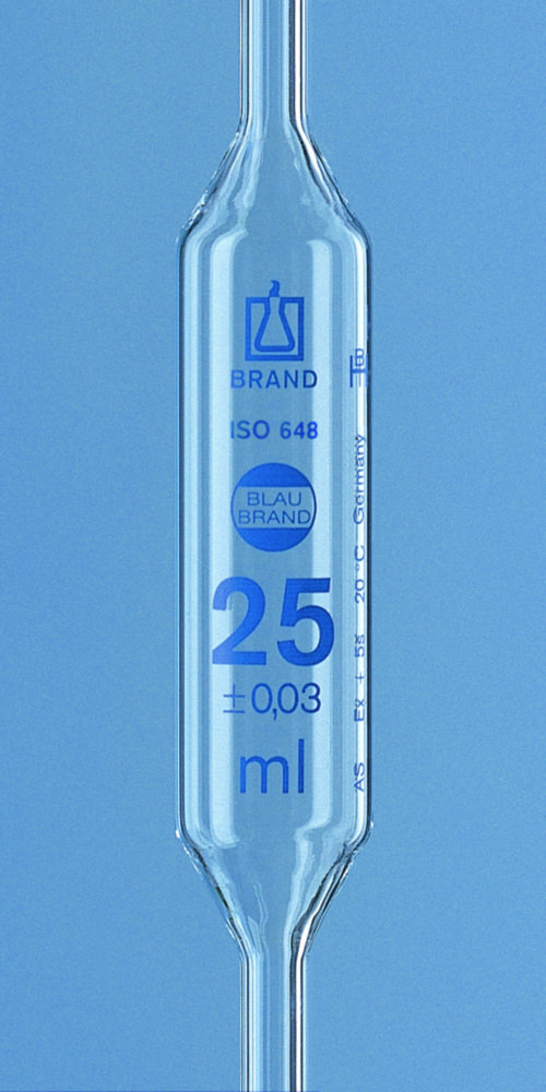 Vollpipetten, AR-glas®, Klasse AS, 2 Marken, blau graduiert | Nennvolumen: 25.0 ml, Länge: 520 mm, Toleranz: 0,030 ± ml