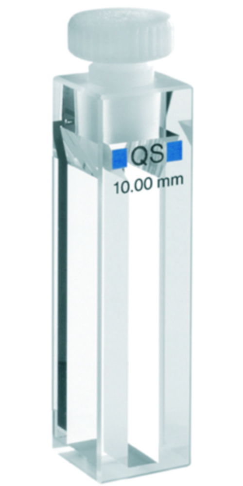 Küvetten für Fluoreszenzmessungen UV-Bereich | Typ: Ultra-Mikro, Beschreibung: PE Stopfen, 3 Fenster, Abmessungen außen (B x T x H) mm: 12,5 x 12,5 x 45