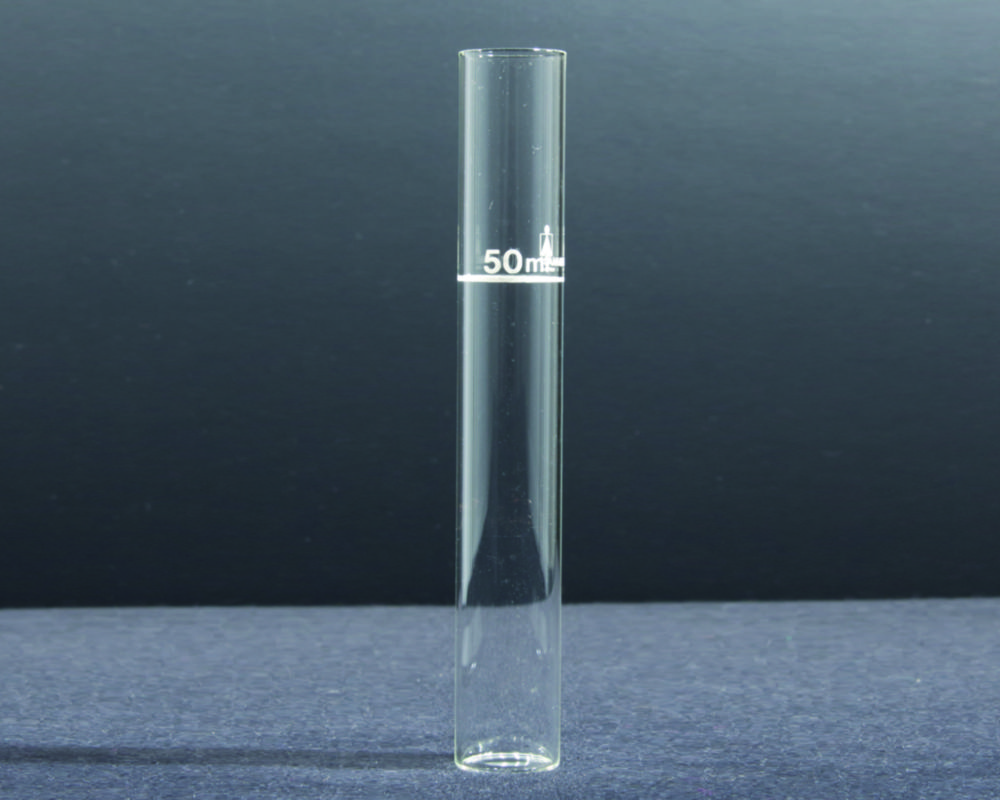 Nessler Röhrchen, ohne Ausguß, Borosilicatglas 3.3 | Beschreibung: niedrige Form, graduiert bei 50 ml, Inhalt ml: 50, Abmessungen (Ø x H) mm: 25 x 175