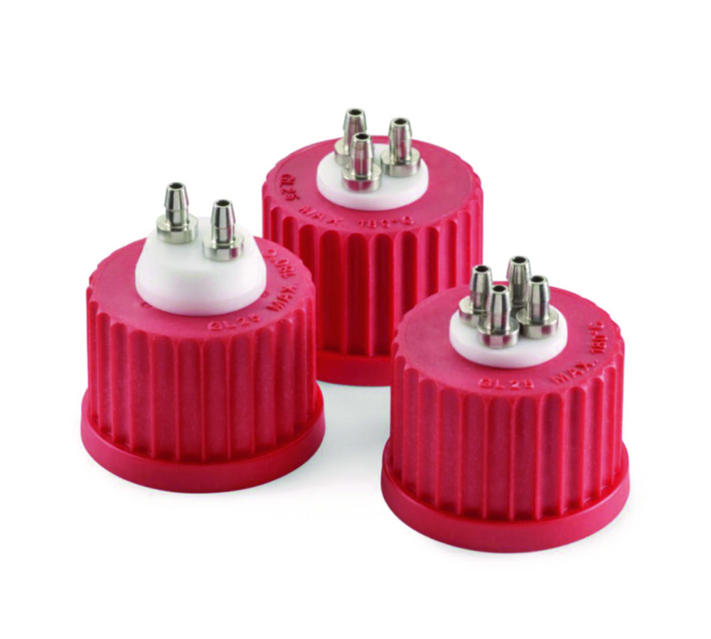 Anschluss-System GL 32 roter PBT Schraubverschluss mit PTFE-Einsatz und 2 Ports (Edelstahl)