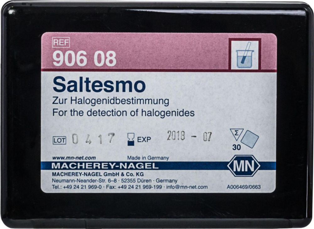 Spezielle Testpapiere | Typ: Saltesmo, Messbereich: 0 ... 5 g/l NaCl, Verpackungsinhalt: 1 Dose à 30 Streifen