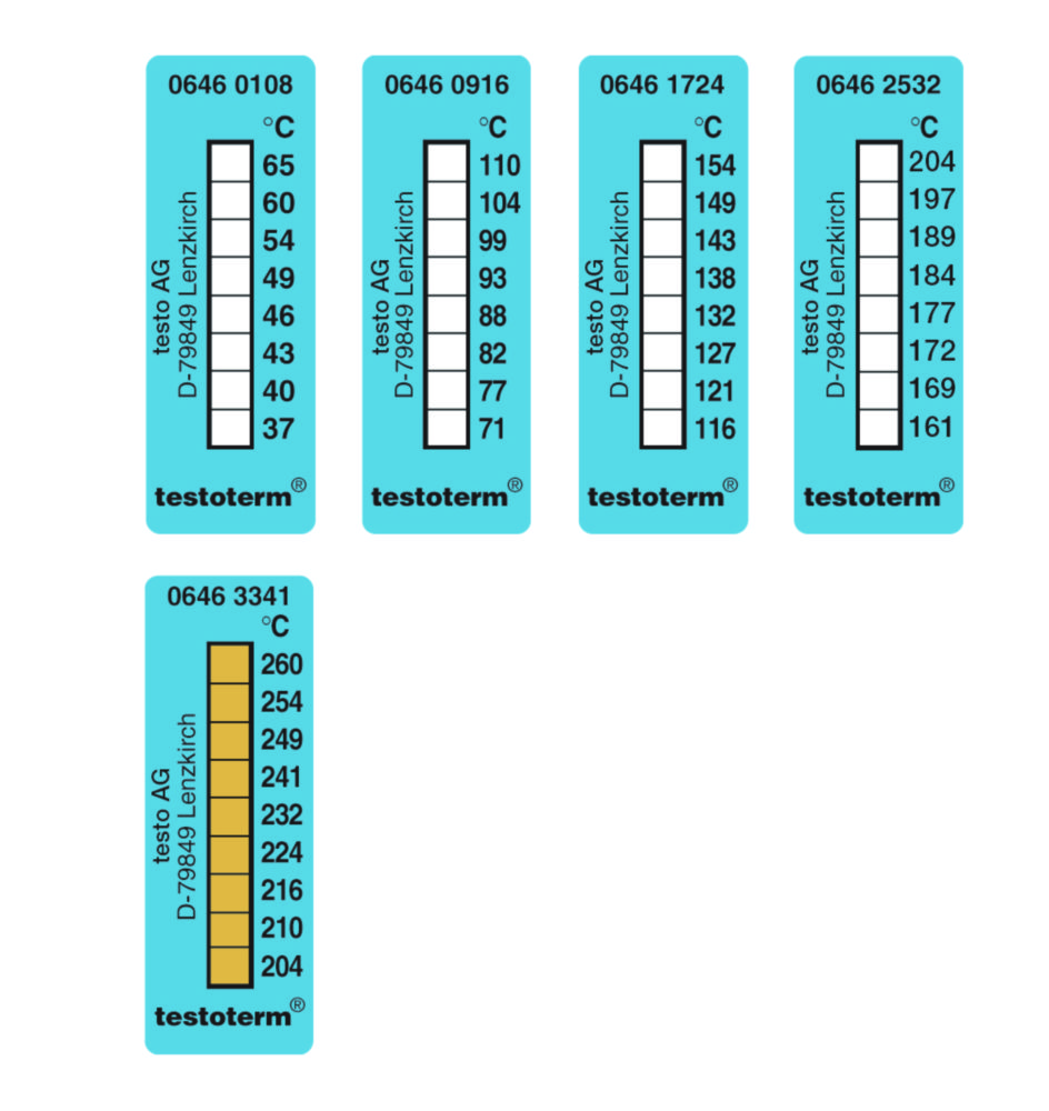 Temperaturmessstreifen testoterm®, irreversibel, 8 Temperaturen